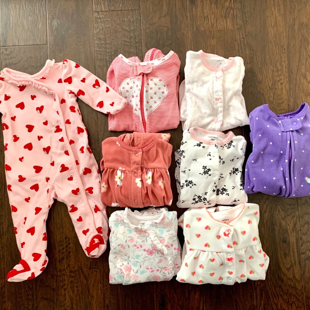 Eight 9mo Baby Girl Sleepers